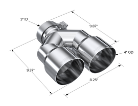 MBRP 3in ID / Dual 4in OD Out Staggered L 9.37in / R 9.87in Single Wall T304 SS Univ Exhaust Tip