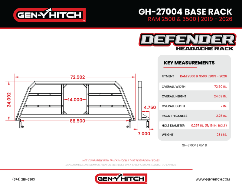 Gen-Y 19+ Dodge Ram 2500/3500 Defender Headache Rack Only - Black
