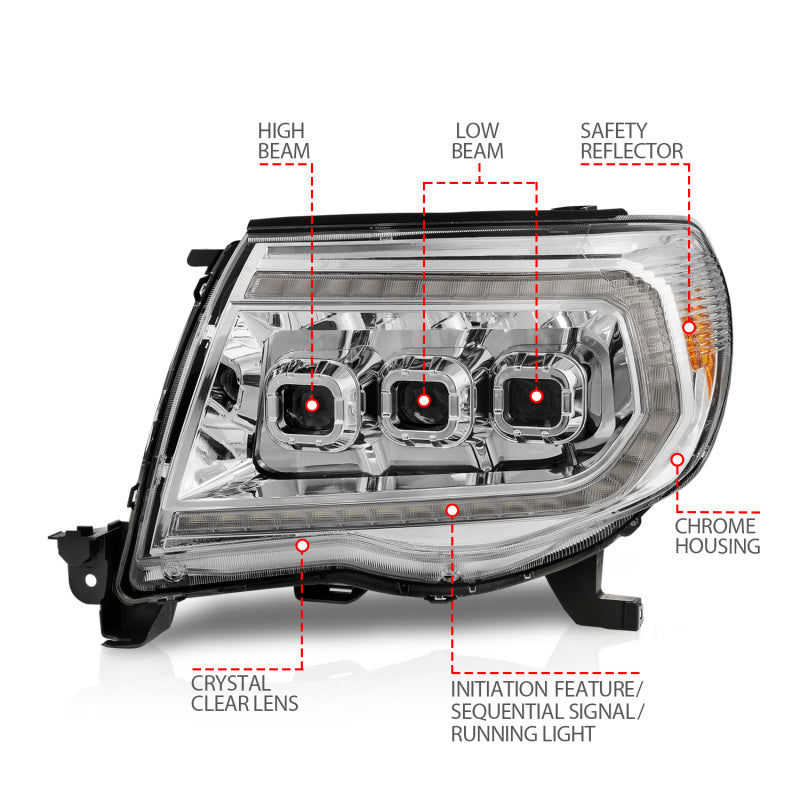 ANZO 05-11 Toyota Tacoma LED Projector Headlights w/Light Bar Swtchbk Seq. Chrome w/Initiation Light