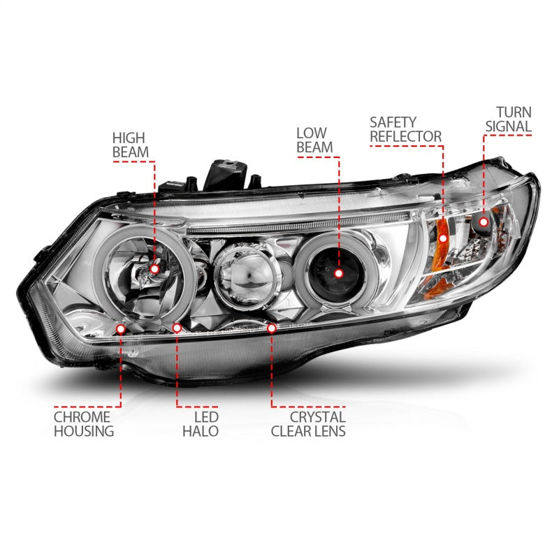 ANZO 2006-2011 Honda Civic Projector Headlights w/ Halo Chrome (CCFL)