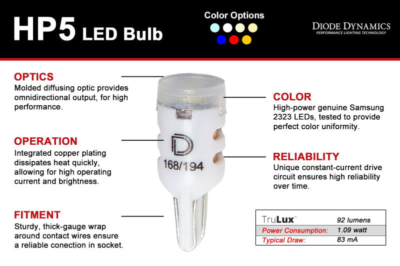 Diode Dynamics 194 LED Bulb HP5 LED - Blue Short (Single)